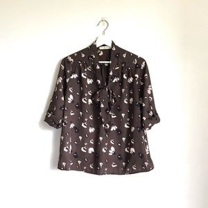 Jessy B Brown / White Floral Tie Neck Blouse Top Size Small